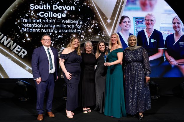 Left to right Steve Ford (Editor of Nursing Times), Natalie Evans (Practice Placement and Learning Coordinator), Nikki Leach (Nursing Lecturer - Registered Adult Nurse), Kayleigh McGinty (Nursing Lecturer - Registered Children's Nurse), Ella Reynolds (Programme Coordinator and Lead for Nursing Professions - Registered Children's Nurse) with the presenter of the awards.