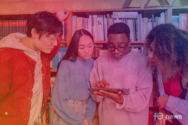 Students looking at a tablet / ipdad in a library over a FE News branded background