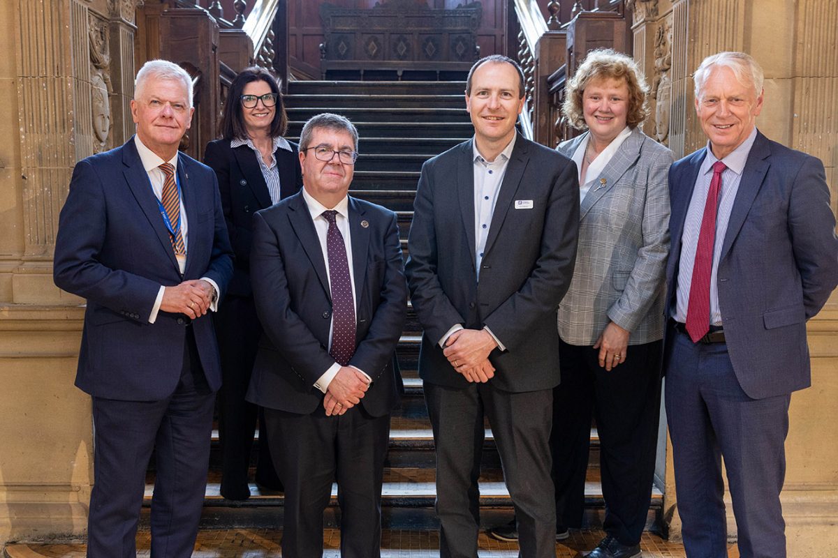 (L-R) Sir David Bell (Sunderland); Stephanie Bailes (Teesside); Professor Andy Long (Northumbria); Sir Ian Chapman (UKRI); Professor Sarah Hainsworth (Durham) and Professor Chris Day (Newcastle)