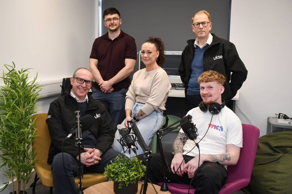 From left, UKSE's Mike Lowe, YMCA colleagues Dan Johnson and Sonia Barlow, Steve Grice of UKSE and Dan Boon of YMCA in the studio