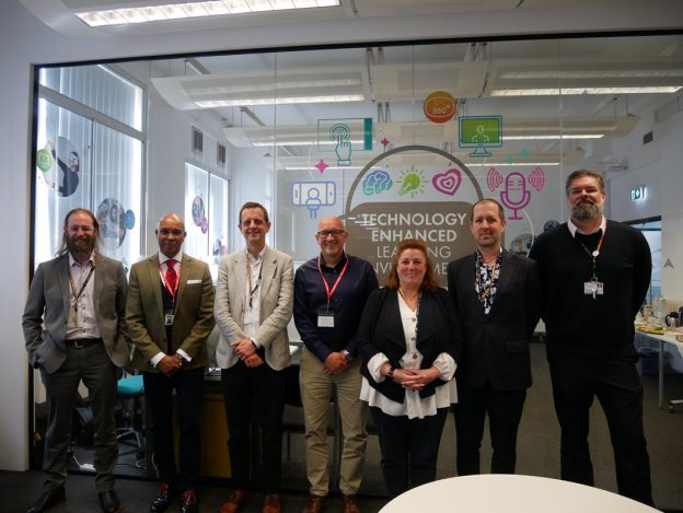 Group photo: Left to right: Matt Clack, Group Head of Digital Education Development and AI at Activate Learning, Robin Ghurbhurun, UK Managing Director, Further Education and Skills, Nations, Advice and Training at Jisc, Jonathan Adams, Chief Strategy Officer at Activate Learning, Michael Norman, Customer Relations Manager at Jisc, Kim Blanchard, Interim Group Director of Digital Education and AI, Patrick Kelly-Goss, Group Innovation and AI Specialist and Marc Challans, Group Head of Learning Environments at Activate Learning.
