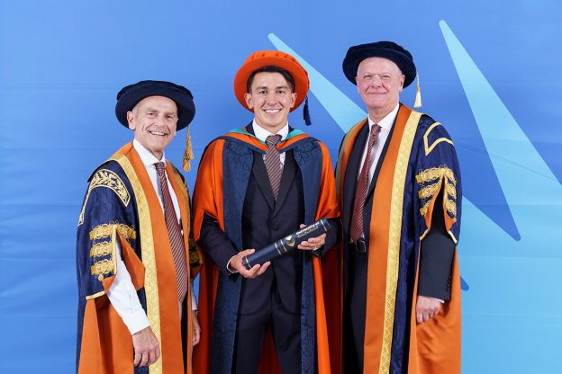 Luke O’Nien with Sir David Bell, Vice-Chancellor and Chief Executive of the University of Sunderland (right) and Pro-Chancellor Jeff Brown