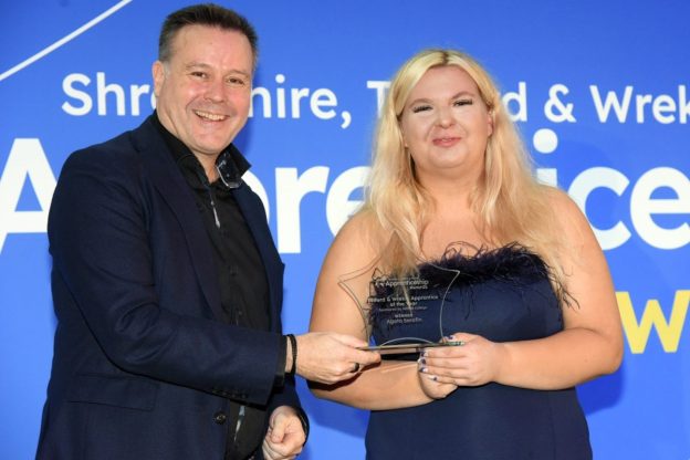 Agata Serafin is crowned Telford & Wrekin Apprentice of the Year by Lawrence Wood of Telford College