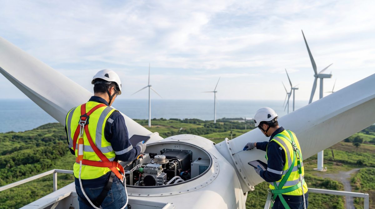 Engineers inspecting wind turbine components.