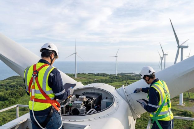 Engineers inspecting wind turbine components.