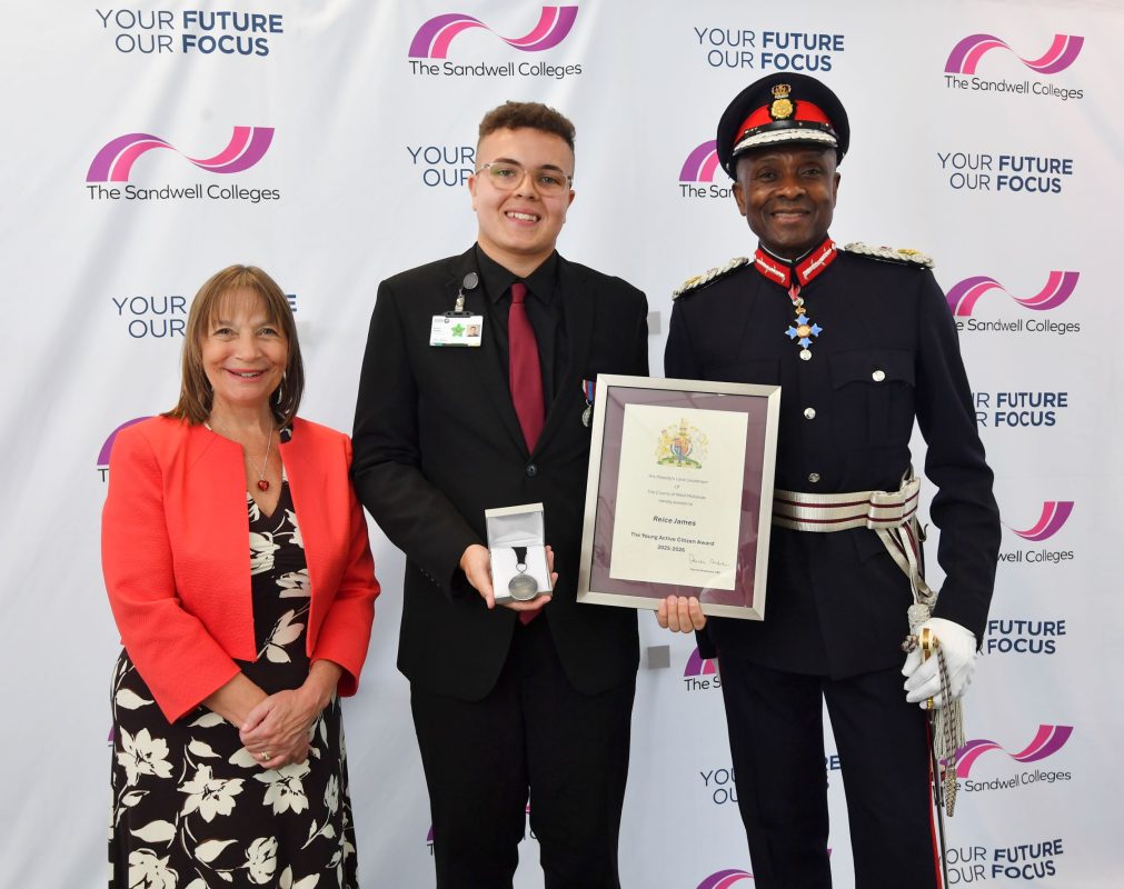 Reice James with Lord Lieutenant of the West Midlands and The Sandwell Colleges Principal
