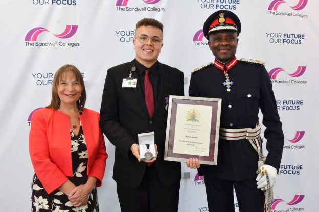 Reice James with Lord Lieutenant of the West Midlands and The Sandwell Colleges Principal