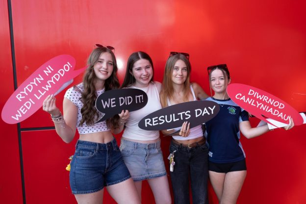 13.08.26 - A Level Examinations Results Day - Students at Neath Port Talbot College, react as they receive their A Level and Vocational Qualification results at the main campus in Neath, south Wales