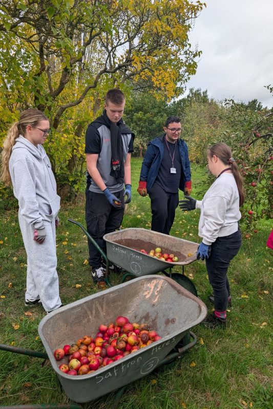 Students volunteering at the Saffron Acres community food growing project