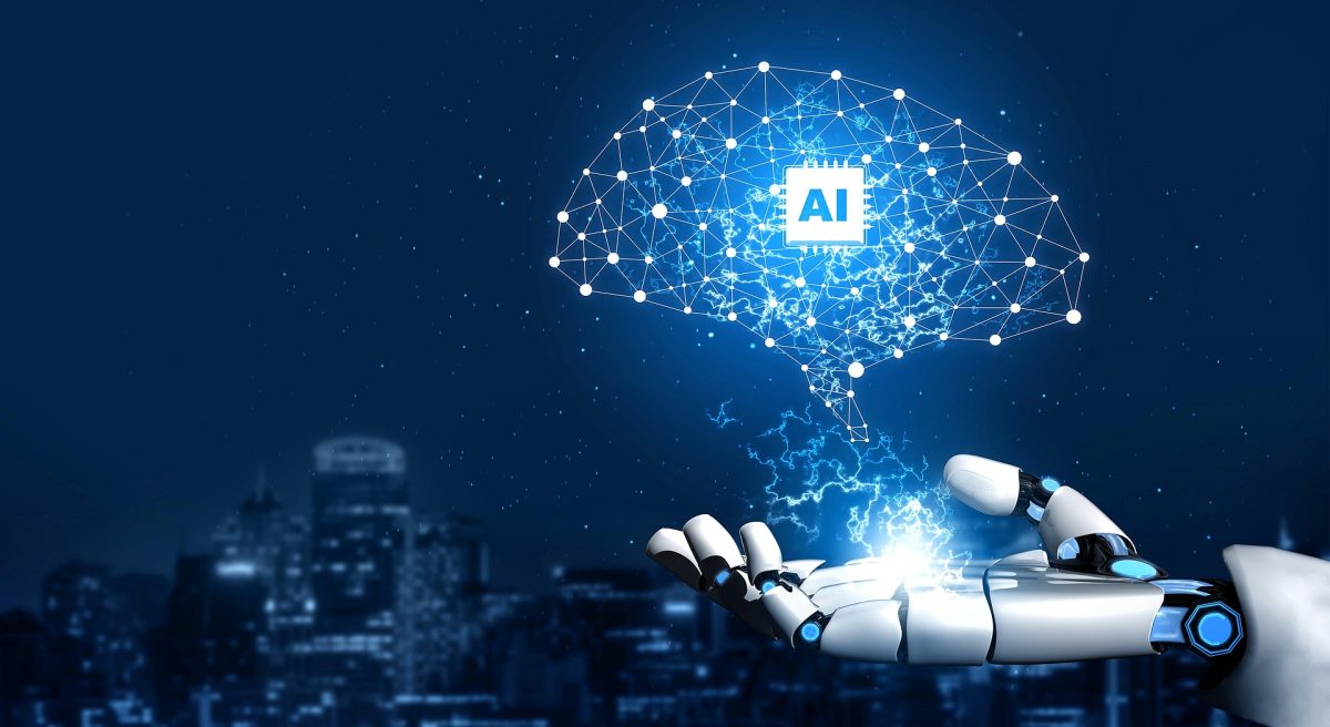 Robot holding holographic AI logo