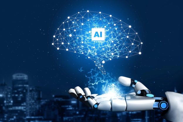 Robot holding holographic AI logo