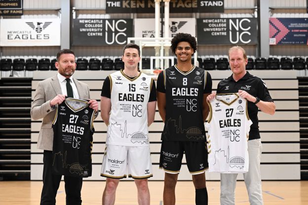 Newcastle College Deputy Principal Alan Fenton with Newcastle Eagles players Cole Long and Adam Hamilton, and Newcastle Eagles Managing Director Paul Blake