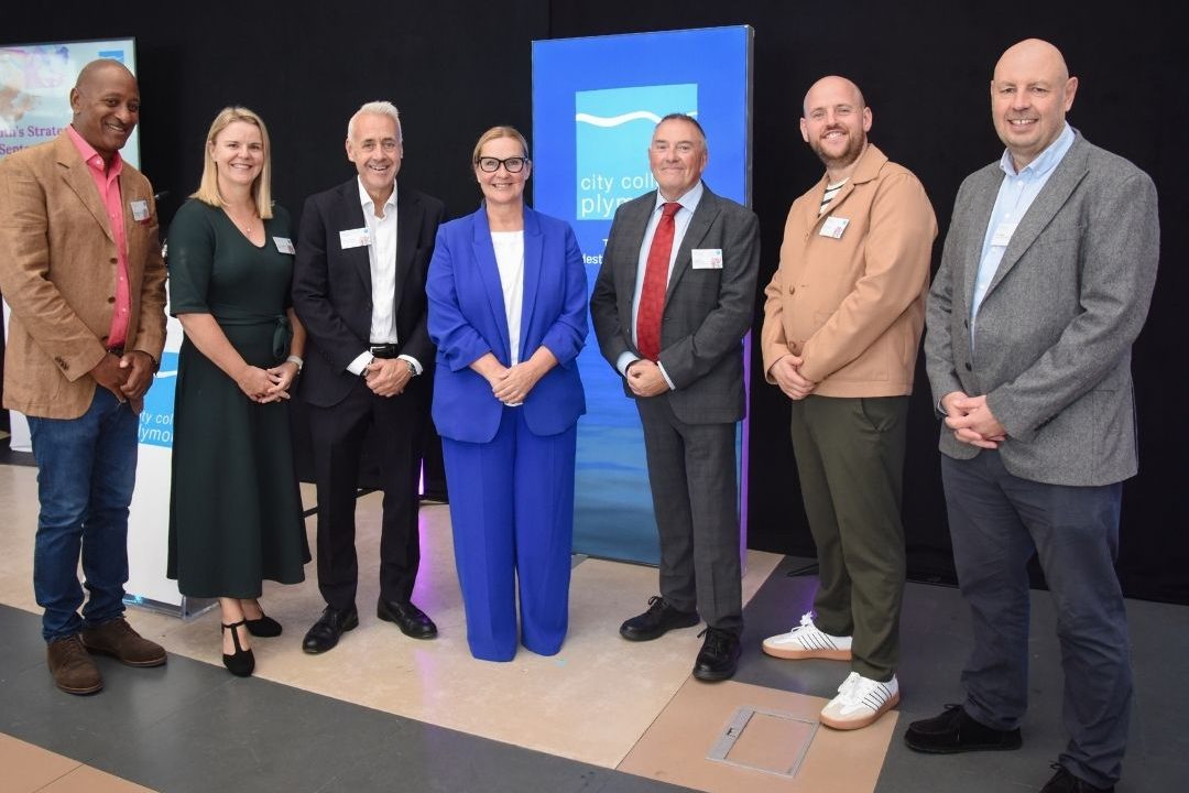 Jackie Grubb poses with guest speakers at the launch of City College Plymouth's Strategic Intent.
