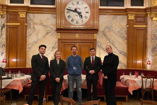 Learnmore workplace coach Seb Sokolowski, centre, with from left Simone Sanna, Alona Urushkina, Luke Vargiu and Teodora Pantiru of Brasserie Zédel