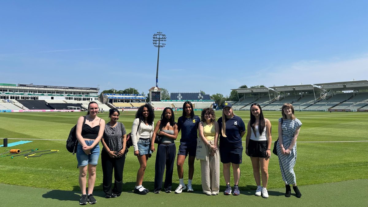 T Level Media students at Edgbaston Stadium with cricketer Davina Perrin