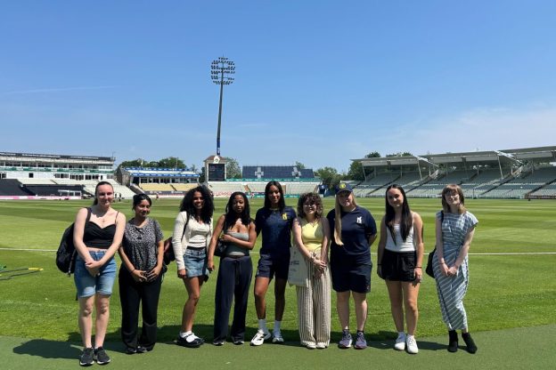 T Level Media students at Edgbaston Stadium with cricketer Davina Perrin