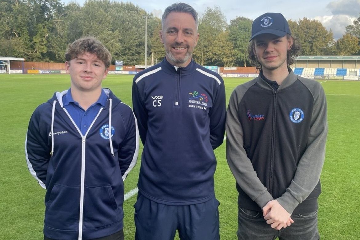 3 - Noah Houghton, Cole Skuse (Bury Town FC manager) and Travis Wright at Bury Town FC