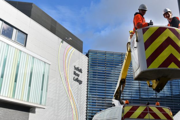 6 - A student trying out a cherry picker at the Suffolk New College FutureSkills Fair
