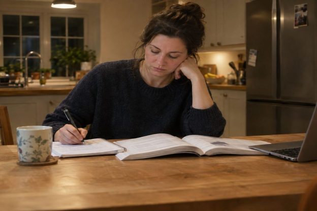 An adult studying at a kitchen table in the evening with a textbook, notepad and laptop