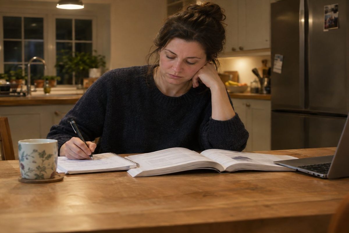 An adult studying at a kitchen table in the evening with a textbook, notepad and laptop